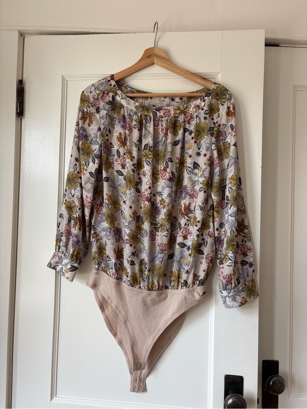 LOFT Cream Floral Long-Sleeve Bodysuit with Mustard & Pink Accents